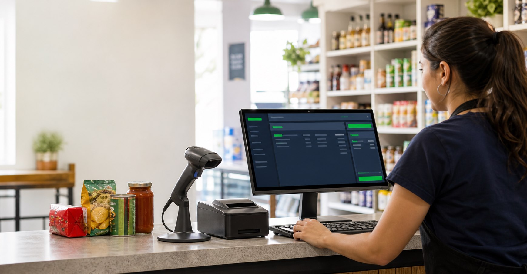 Comerciante utilizando ComerCiando en el mostrador con lector de códigos e impresora térmica